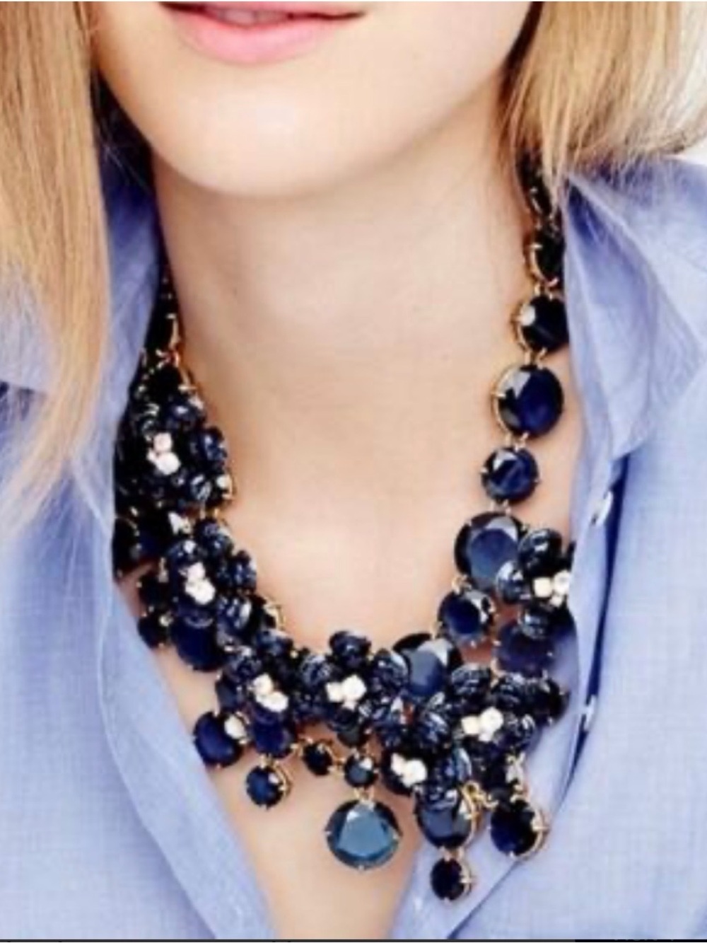 J. Crew Navy Blue Floral Cluster Statement Necklace with crystal Accents vintage